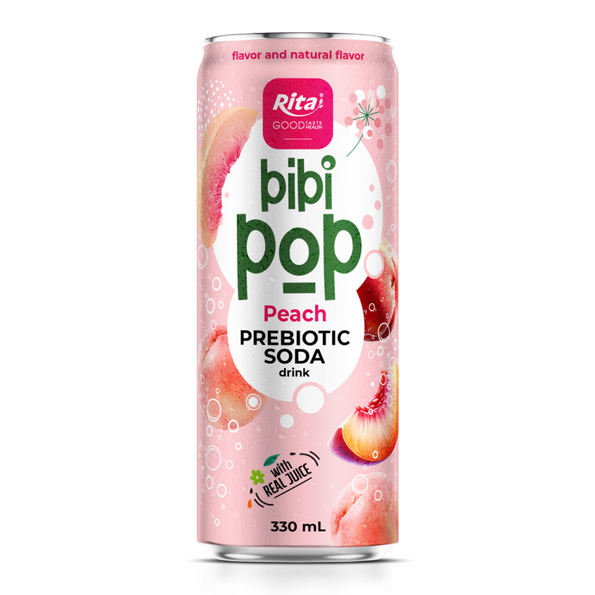 Bibi Pop Prebiotic Soda Drink With Real Peach Juice 330ml Sleek Can